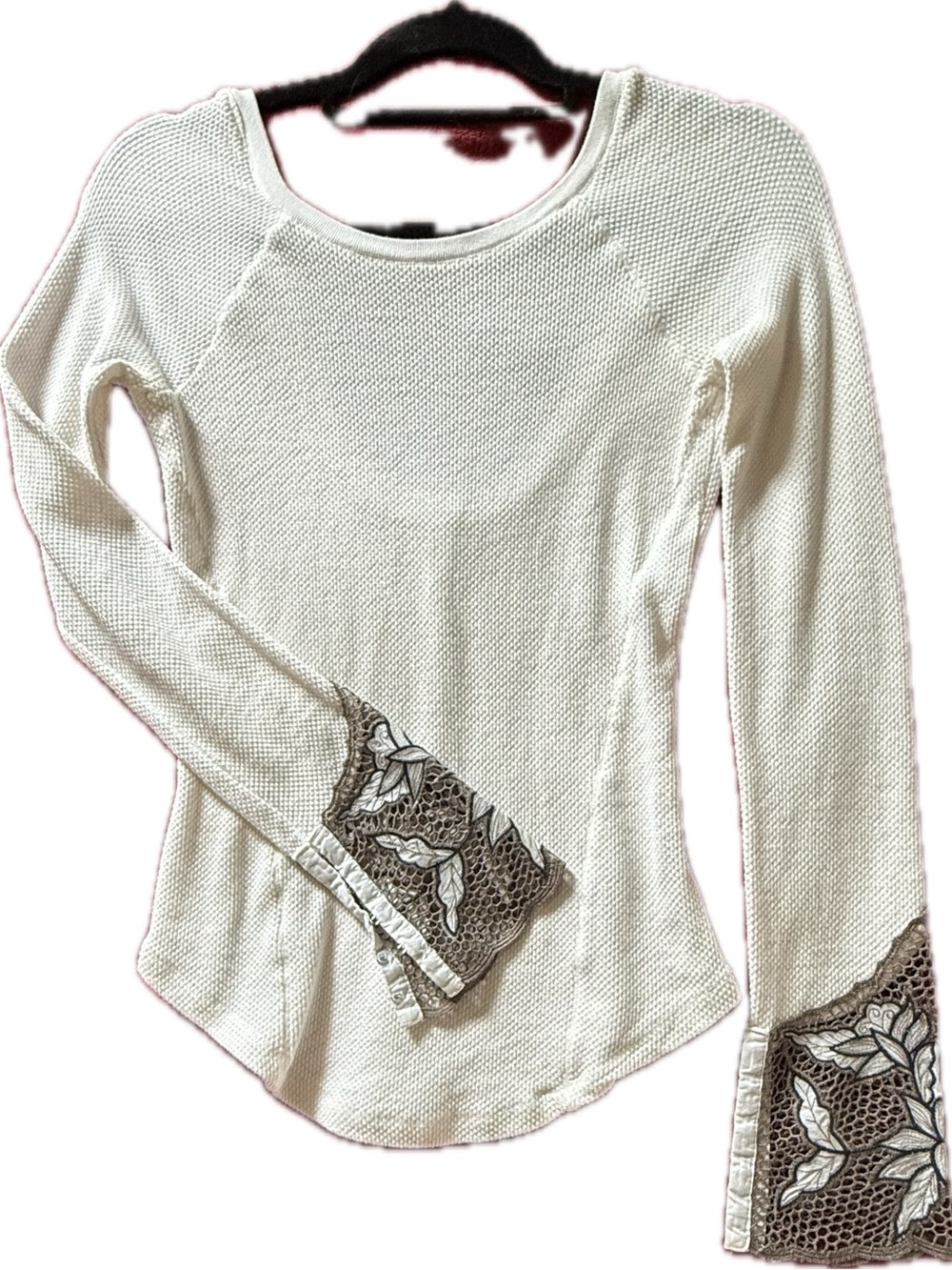 Free People Cream Thermal Scoop Neck Top with Embroidered Bell Cuffs - Picture 3 of 6